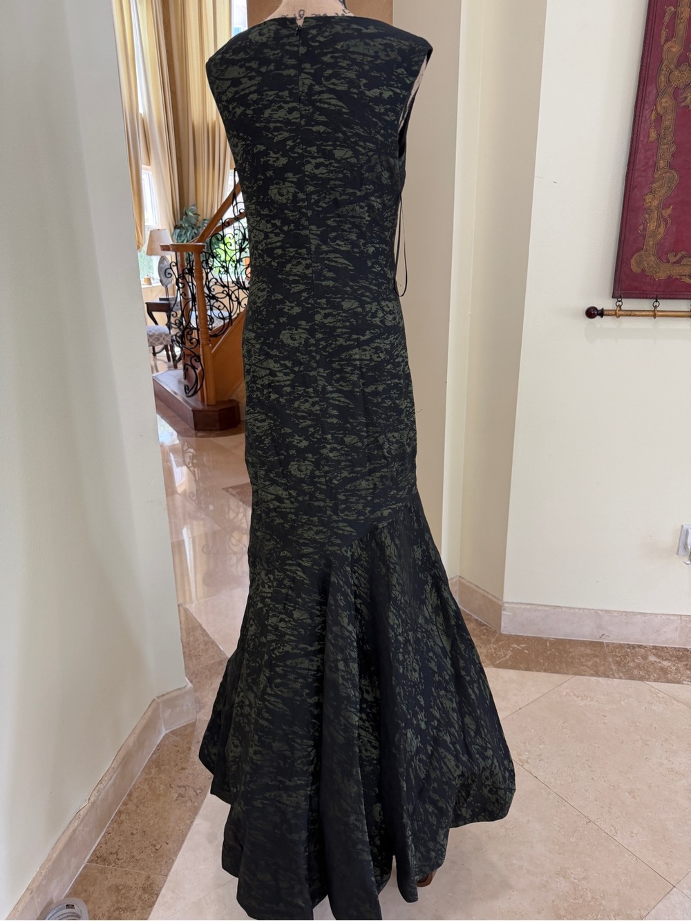 Teri Jon Black and Dark Green Textured Mermaid Gown